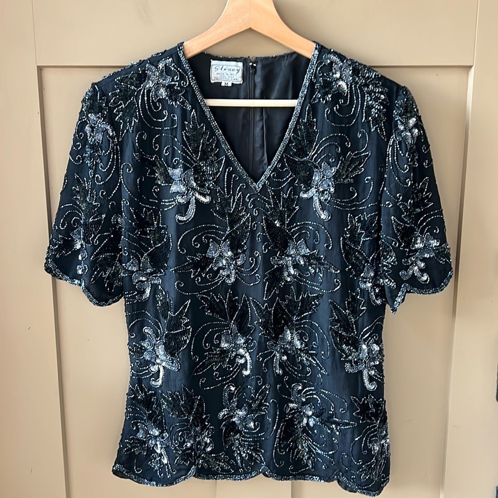 Stenay Vintage Sz M Silk Allover Sequin Black Evening Blouse Top C Neck